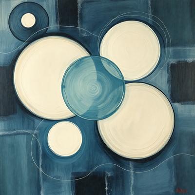 The primary subject of the image is a painting featuring three white circles with blue backgrounds. The circles are arranged in a triangular formation, with one circle in the center and the other two positioned on either side. The setting is a blue background, which complements the white and blue colors of the circles. The visual style of the painting is a combination of digital art and illustration, creating a unique and eye-catching design. The overall atmosphere of the painting is one of harmony and balance, with the three circles creating a sense
